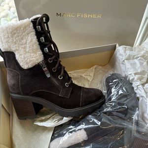 Marc Fisher Lansly Dark Brown Suede Sherpa Boots